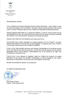 PROGRAMA "COM ET TROBES?" DE SUPORT A LA GENT GRAN DE CREIXELL